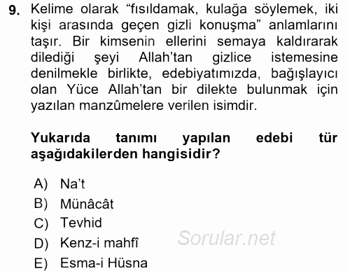 Türk İslam Edebiyatı 2017 - 2018 Dönem Sonu Sınavı 9.Soru