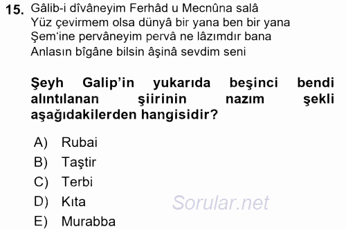 XVIII. Yüzyıl Türk Edebiyatı 2016 - 2017 3 Ders Sınavı 15.Soru