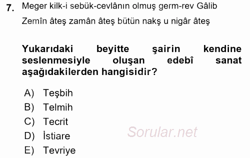 XVIII. Yüzyıl Türk Edebiyatı 2016 - 2017 3 Ders Sınavı 7.Soru