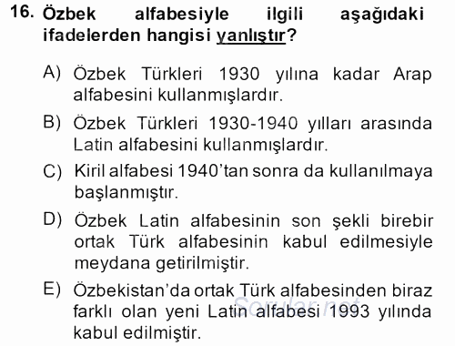 Çağdaş Türk Yazı Dilleri 1 2014 - 2015 Dönem Sonu Sınavı 16.Soru
