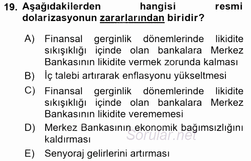 Para ve Banka 2017 - 2018 Dönem Sonu Sınavı 19.Soru
