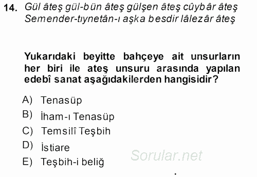 XVIII. Yüzyıl Türk Edebiyatı 2013 - 2014 Dönem Sonu Sınavı 14.Soru