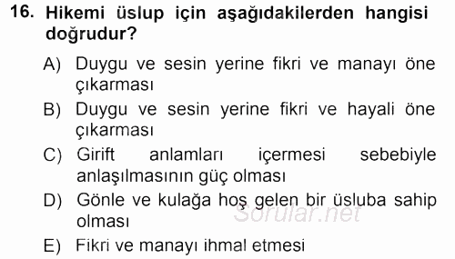 XVIII. Yüzyıl Türk Edebiyatı 2013 - 2014 Dönem Sonu Sınavı 16.Soru