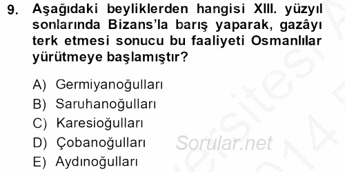 Osmanlı´da İskan ve Göç 2013 - 2014 Ara Sınavı 9.Soru