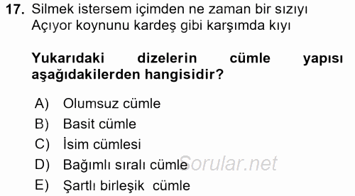 Türkçe Cümle Bilgisi 2 2015 - 2016 Dönem Sonu Sınavı 17.Soru