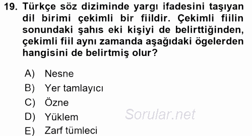 Türkçe Cümle Bilgisi 2 2015 - 2016 Dönem Sonu Sınavı 19.Soru
