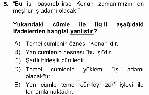 Türkçe Cümle Bilgisi 2 2015 - 2016 Dönem Sonu Sınavı 5.Soru
