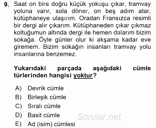 Türkçe Cümle Bilgisi 2 2015 - 2016 Dönem Sonu Sınavı 9.Soru