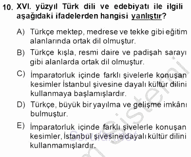 XVI-XIX. Yüzyıllar Türk Dili 2014 - 2015 Ara Sınavı 10.Soru