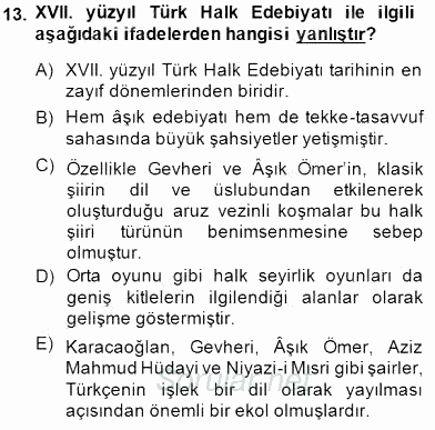 XVI-XIX. Yüzyıllar Türk Dili 2014 - 2015 Ara Sınavı 13.Soru