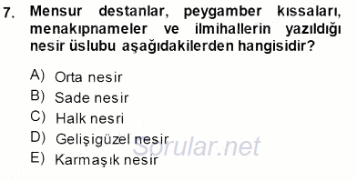 XVI-XIX. Yüzyıllar Türk Dili 2014 - 2015 Ara Sınavı 7.Soru