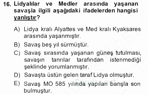 Eski Anadolu Tarihi 2014 - 2015 Dönem Sonu Sınavı 16.Soru