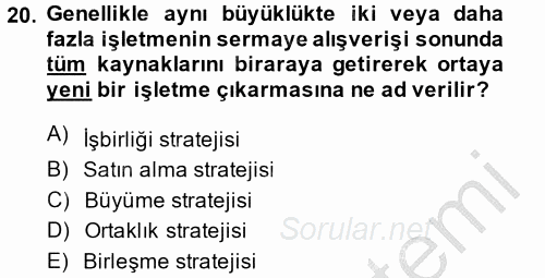Stratejik Yönetim 1 2014 - 2015 Dönem Sonu Sınavı 20.Soru