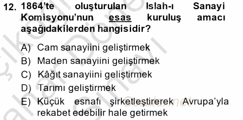 Osmanlı Yenileşme Hareketleri (1703-1876) 2014 - 2015 Dönem Sonu Sınavı 12.Soru