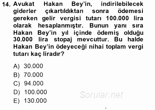 Türk Vergi Sistemi 2014 - 2015 Ara Sınavı 14.Soru