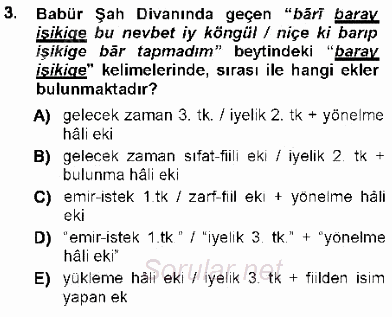 XVI-XIX. Yüzyıllar Türk Dili 2012 - 2013 Ara Sınavı 3.Soru