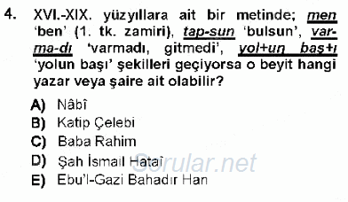 XVI-XIX. Yüzyıllar Türk Dili 2012 - 2013 Ara Sınavı 4.Soru