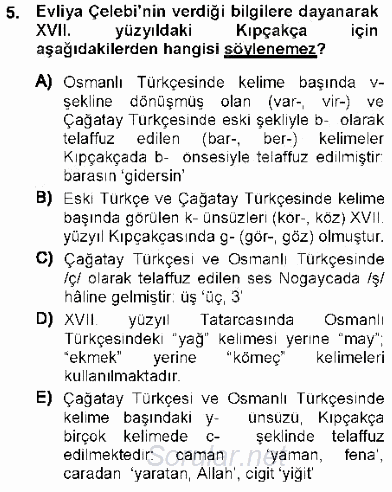 XVI-XIX. Yüzyıllar Türk Dili 2012 - 2013 Ara Sınavı 5.Soru