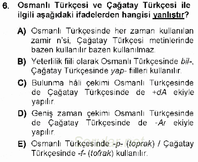 XVI-XIX. Yüzyıllar Türk Dili 2012 - 2013 Ara Sınavı 6.Soru