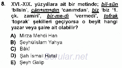 XVI-XIX. Yüzyıllar Türk Dili 2012 - 2013 Ara Sınavı 8.Soru
