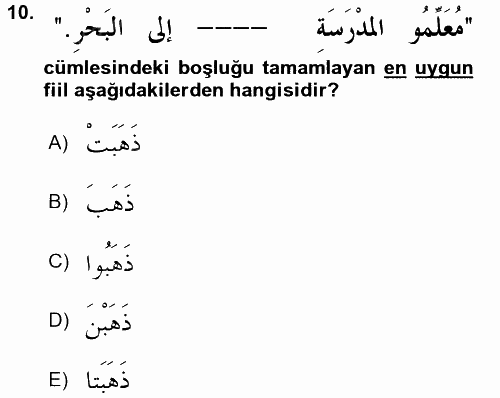 Arapça 1 2017 - 2018 3 Ders Sınavı 10.Soru