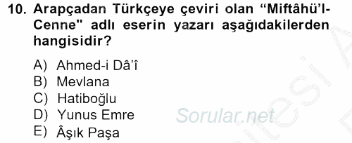 XIV-XV. Yüzyıllar Türk Dili 2012 - 2013 Ara Sınavı 10.Soru