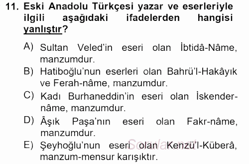 XIV-XV. Yüzyıllar Türk Dili 2012 - 2013 Ara Sınavı 11.Soru
