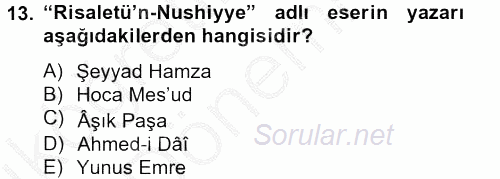 XIV-XV. Yüzyıllar Türk Dili 2012 - 2013 Ara Sınavı 13.Soru