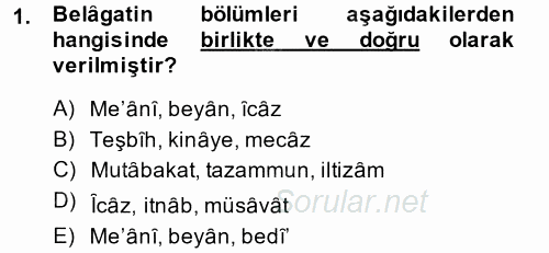 Eski Türk Edebiyatına Giriş: Söz Sanatları 2014 - 2015 Ara Sınavı 1.Soru