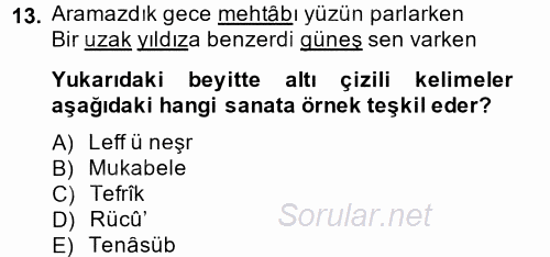 Eski Türk Edebiyatına Giriş: Söz Sanatları 2014 - 2015 Ara Sınavı 13.Soru