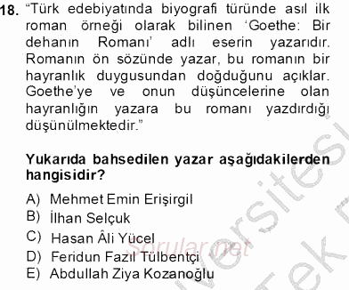 Çağdaş Türk Romanı 2013 - 2014 Tek Ders Sınavı 18.Soru