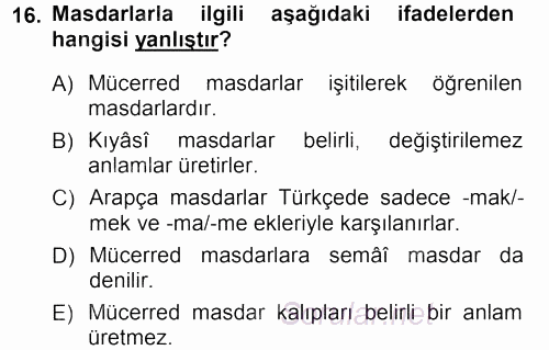 Osmanlı Türkçesi Grameri 1 2012 - 2013 Ara Sınavı 16.Soru
