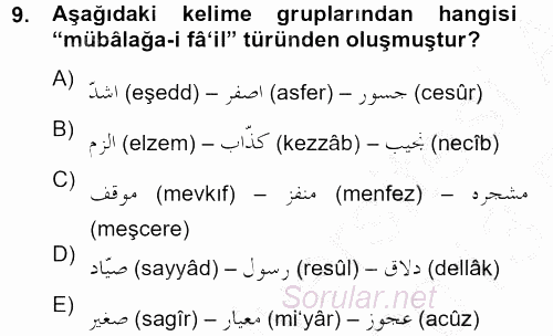 Osmanlı Türkçesi 2 2012 - 2013 Ara Sınavı 9.Soru