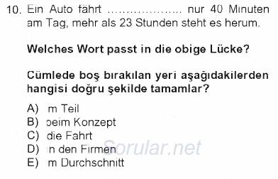 Almanca 2 2012 - 2013 Tek Ders Sınavı 10.Soru