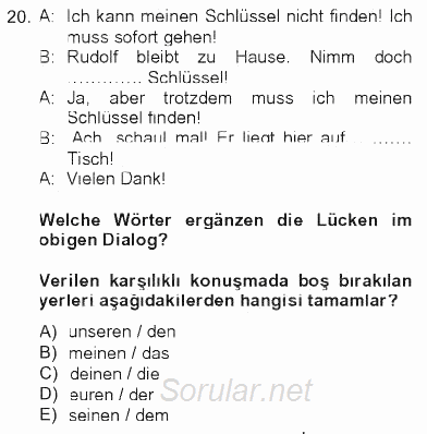 Almanca 2 2012 - 2013 Tek Ders Sınavı 20.Soru