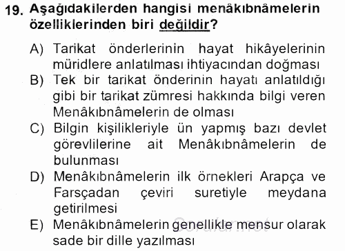 Türk İslam Edebiyatı 2013 - 2014 Dönem Sonu Sınavı 19.Soru