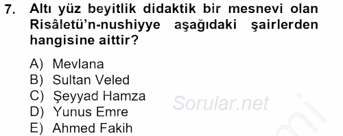 Türk İslam Edebiyatı 2013 - 2014 Dönem Sonu Sınavı 7.Soru