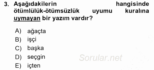Türkçe Ses Bilgisi 2015 - 2016 Dönem Sonu Sınavı 3.Soru