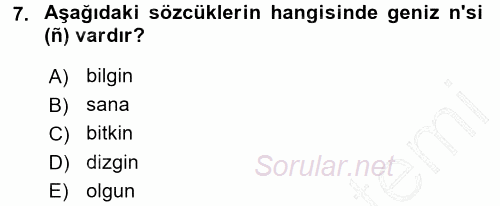 Türkçe Ses Bilgisi 2015 - 2016 Dönem Sonu Sınavı 7.Soru