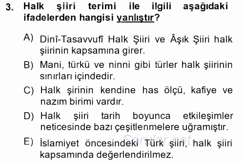 Türk Halk Şiiri 2014 - 2015 Ara Sınavı 3.Soru