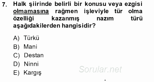Türk Halk Şiiri 2014 - 2015 Ara Sınavı 7.Soru