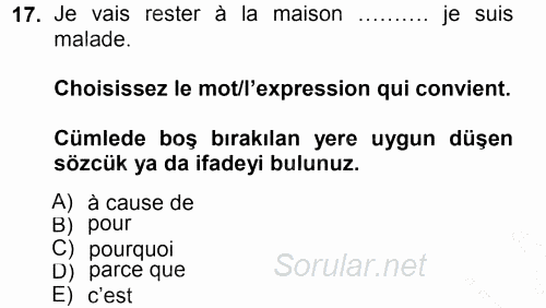 Fransızca 1 2012 - 2013 Dönem Sonu Sınavı 17.Soru