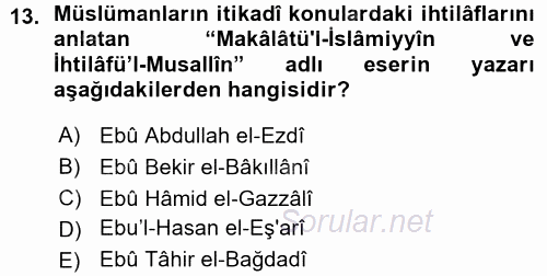 İslam Mezhepleri Tarihi 2015 - 2016 Ara Sınavı 13.Soru