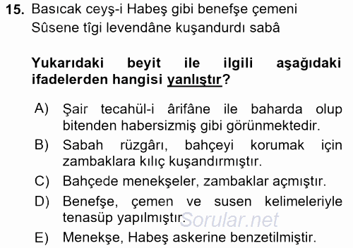 XVIII. Yüzyıl Türk Edebiyatı 2017 - 2018 Dönem Sonu Sınavı 15.Soru
