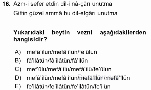 XVIII. Yüzyıl Türk Edebiyatı 2017 - 2018 Dönem Sonu Sınavı 16.Soru