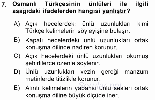Osmanlı Türkçesine Giriş 1 2015 - 2016 Ara Sınavı 7.Soru