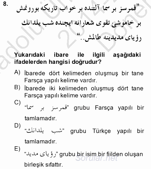 Osmanlı Türkçesi Grameri 2 2014 - 2015 Dönem Sonu Sınavı 8.Soru