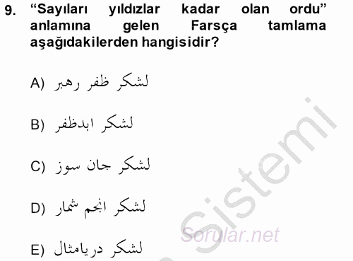 Osmanlı Türkçesi Grameri 2 2014 - 2015 Dönem Sonu Sınavı 9.Soru