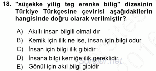 XI-XIII. Yüzyıllar Türk Dili 2015 - 2016 Ara Sınavı 18.Soru