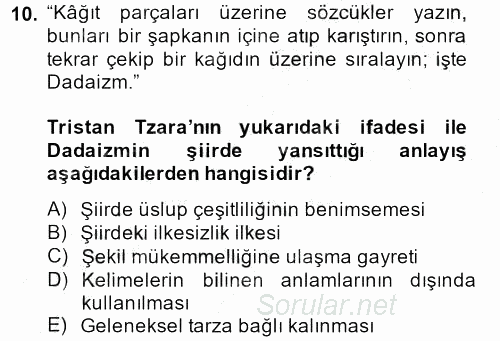 Batı Edebiyatında Akımlar 2 2013 - 2014 Ara Sınavı 10.Soru